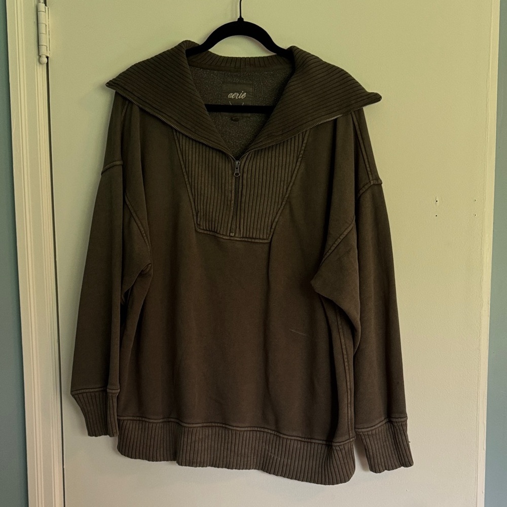 aerie Olive Green Ribbed Collar Quarter-Zip Sweater